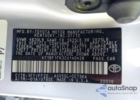 2012 Toyota Camry Se из США, поврежденный, VIN 4T1BF1FK3CU140428